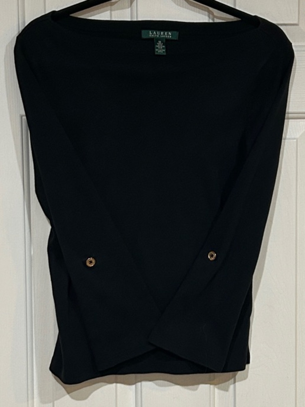 Ralph Lauren Black Boatneck Top with Roll-Tab Sleeves w/ Goldtone Metal Buttons - Picture 8 of 8